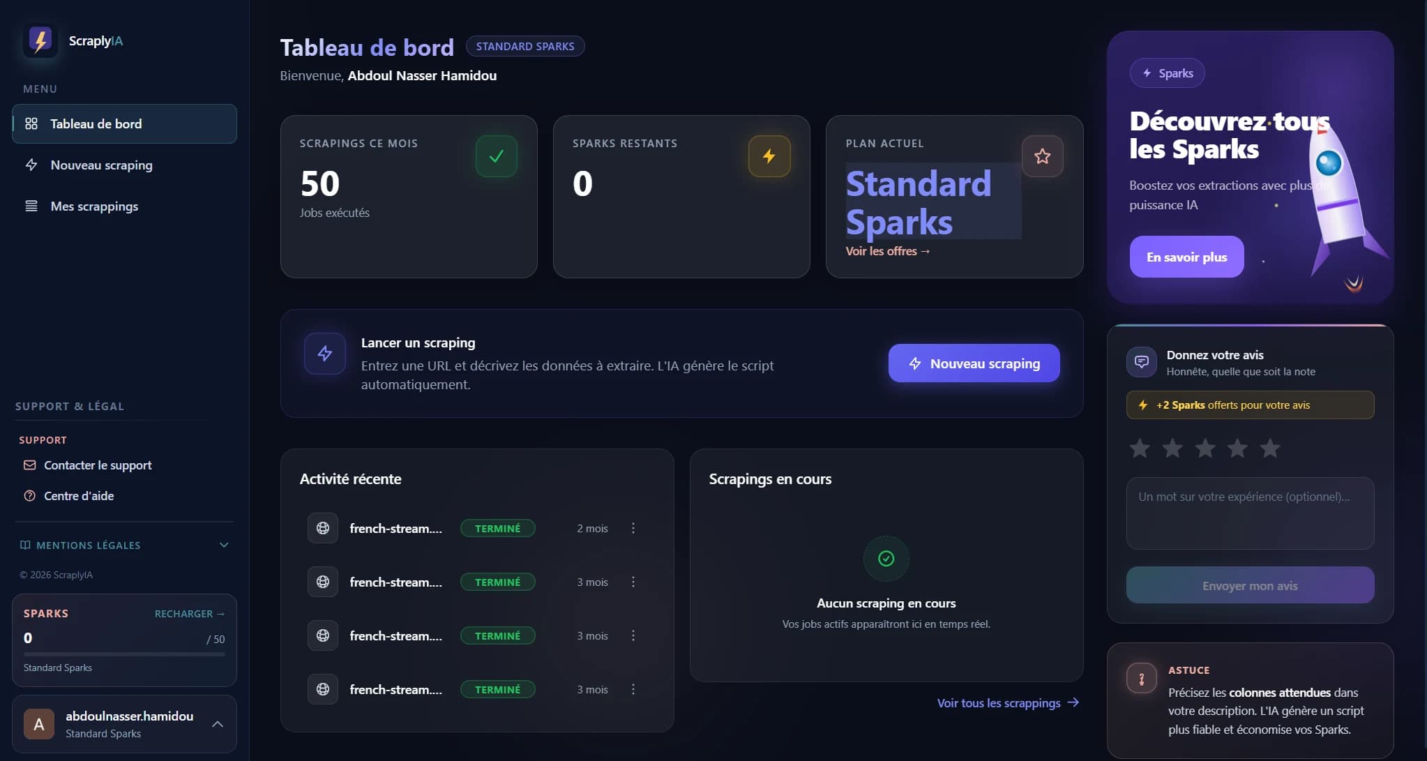 Le tableau de bord de ScraplyIA : 50 jobs exécutés ce mois, le plan Standard Sparks, un bouton « Nouveau scraping » et la liste des extractions récentes